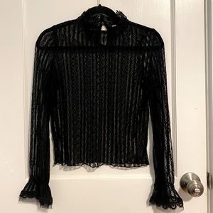 Sheer Lace Top with Ruffled Collar and Cuff Detail